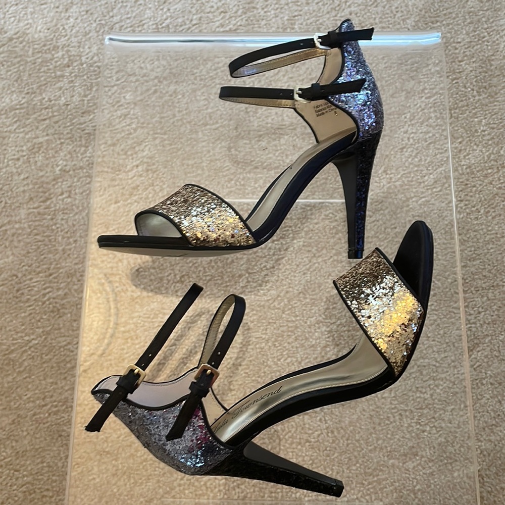 Lulu Townsend Black/Gold/Pewter Glitter Heels NWOT